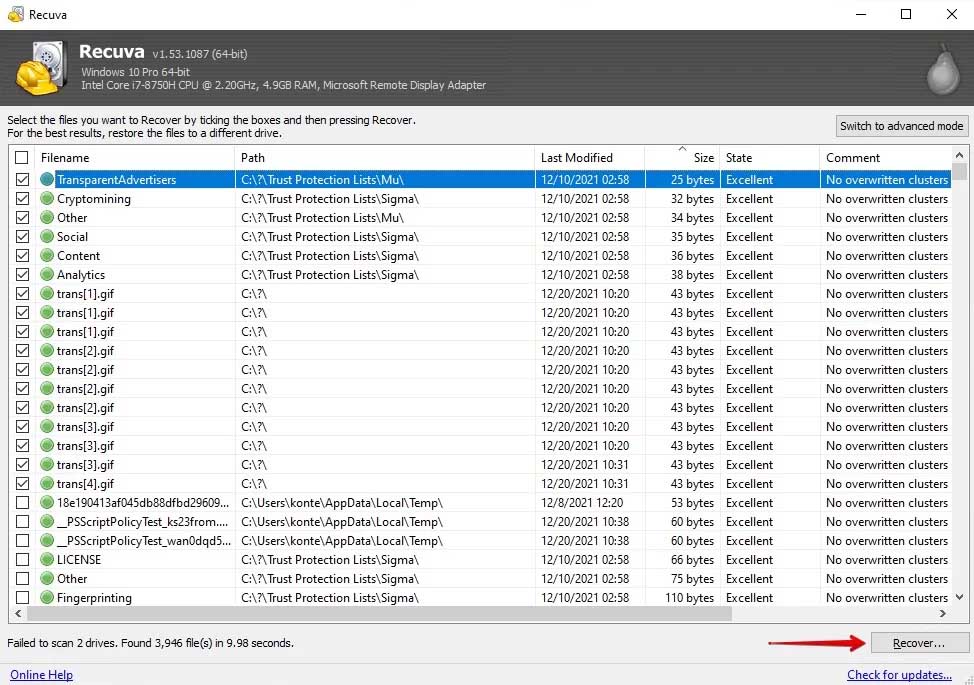 Recovering the marked files.