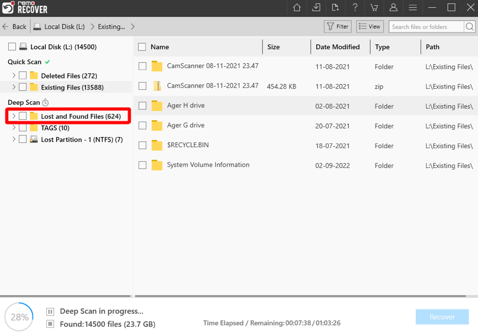 click on lost and found folder