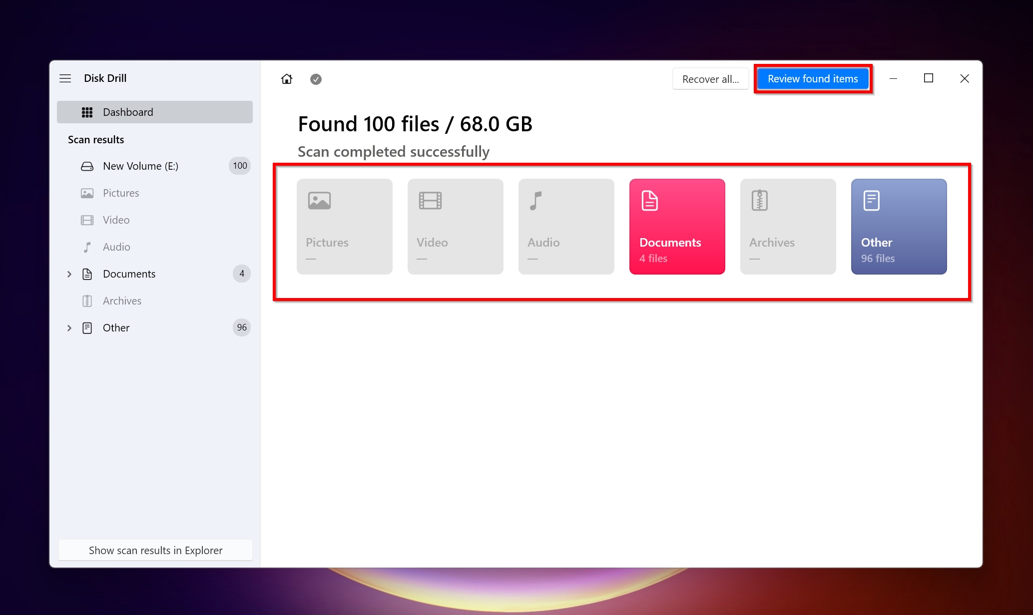 Review found items screen in Disk Drill. 