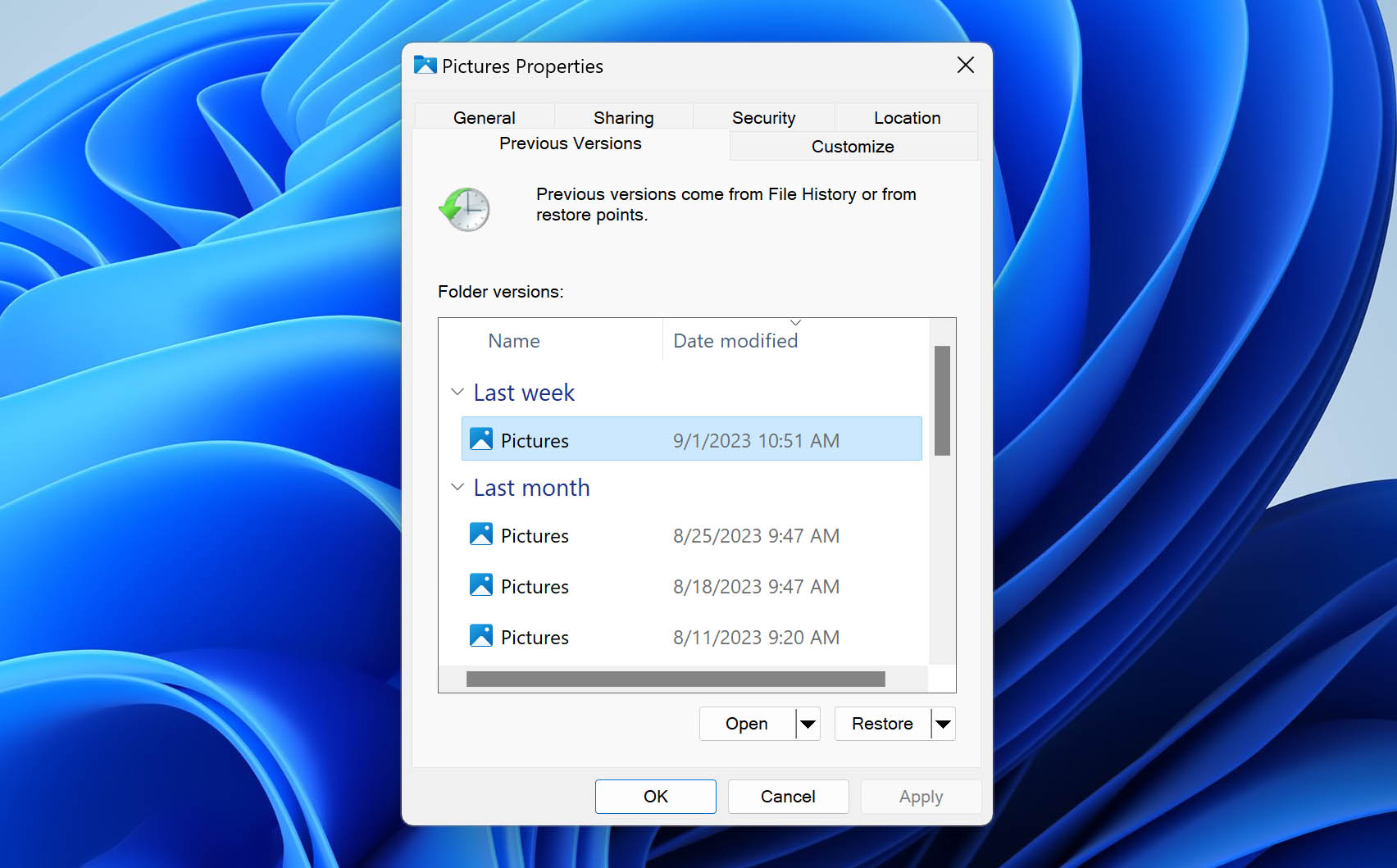 restore previous folder version